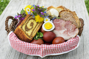 Easter traditional food with ham, eggs and bread in basket. Holidays background outdoor